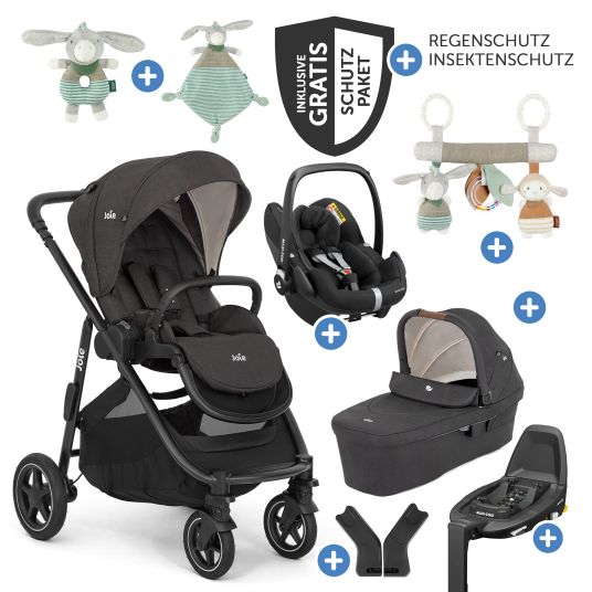 joie Set 4in1 Versatrax per passeggini fino a 22 kg con navicella Ramble XL, seggiolino auto Pebble Pro, base Isofix, imbracatura per attività, peluche, gioco da afferrare, adattatore e pacchetto accessori - Shale