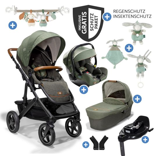 joie 4in1 Vinca baby carriage set for baby carriages up to 22 kg with baby carriage chain, grasping toy, cuddle cloth, music box - telescopic push bar, seat unit, i-Jemini infant car seat, Ramble XL carrycot, adapter & accessory pack - Signature - Pine