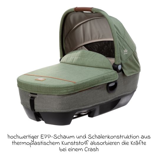 joie Auto-Babywanne Calmi R129 im Auto und auf den Kinderwagen Vinca, Aeria, Finiti verwendbar inkl. Regenschutz - Signature - Pine