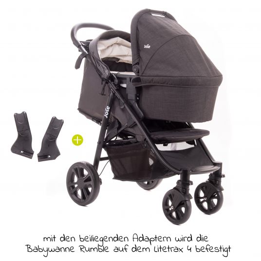 joie Kombi-Kinderwagen Litetrax 4 mit Schieber-Ablagefach, Babywanne, Adapter & Zubehör Paket - Black