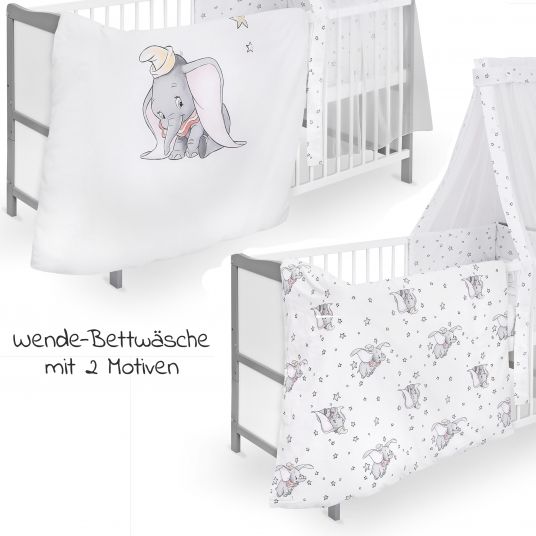 jonka Babybett-Komplett-Set Moritz inkl. Bettwäsche, Himmel, Nestchen & Matratze 70x140 cm - BW Dumbo - Weiß Grau