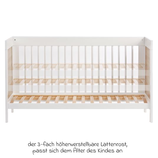 jonka Babybett und Kinderbett Erwin mit 3-fach höhenverstellbarem Lattenrost und 3 Schlupfsprossen 70 x 140 cm - Weiß Eiche