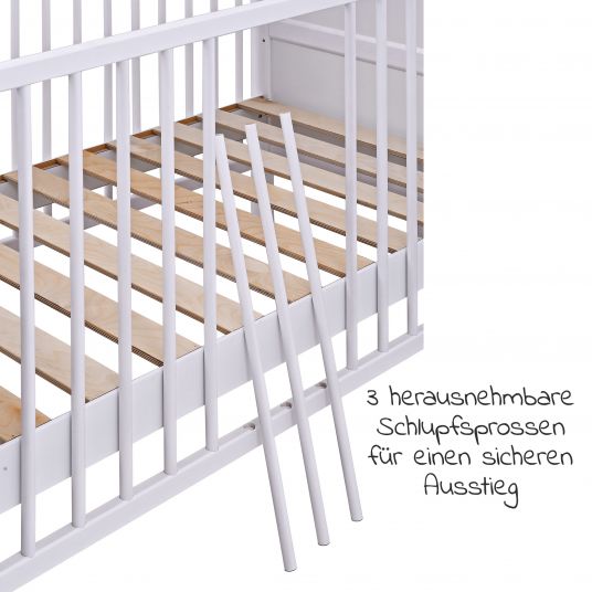 jonka Kinderzimmer Sparset Mona mit Bett, Wickelkommode, Bettwäsche, Himmel,Nestchen, Matratze 70x140 cm - Kuschelbären - Weiß