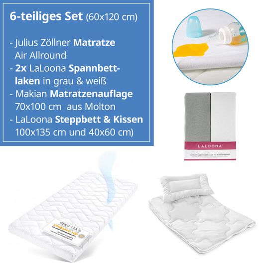 Julius Zöllner 6-piece mattress set for crib 60x120cm - baby mattress Air Allround + quilt set + bed liner + 2 fitted sheets