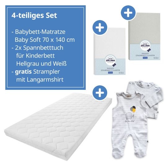 Julius Zöllner Baby crib mattress Baby Soft 70 x 140 cm incl. 2 fitted sheets + FREE romper & shirt - Let`s have a party