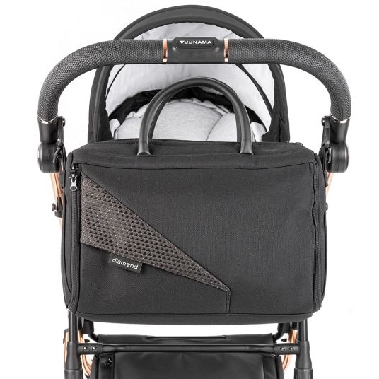Junama 2in1 Combi Stroller Set Diamond Individual - Baby Carrycot, Sport Seat, Changing Bag, Footmuff & Hand Muff - Black Rose Gold
