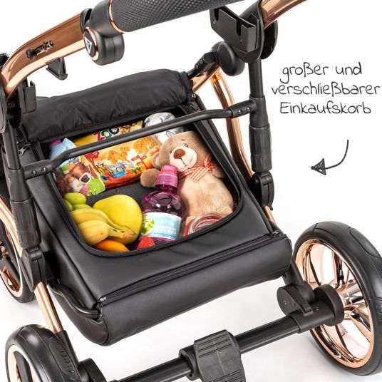 Junama 2in1 Combi Stroller Set Diamond Individual - Baby Carrycot, Sport Seat, Changing Bag, Footmuff & Hand Muff - Black Rose Gold