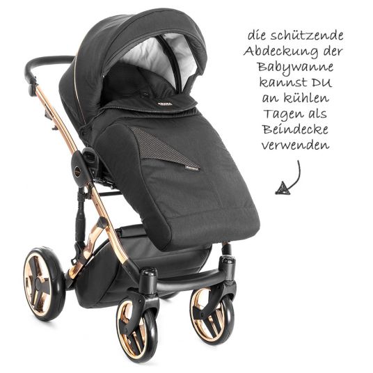 Junama Kombi-Kinderwagen Diamond Individual inkl. Babywanne, Sportsitz, Wickeltasche & Regenschutz - Schwarz Rosegold