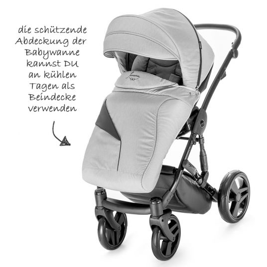 Junama Kombi-Kinderwagen Diamond inkl. Babywanne, Sportsitz, Wickeltasche & Regenschutz -  Grau