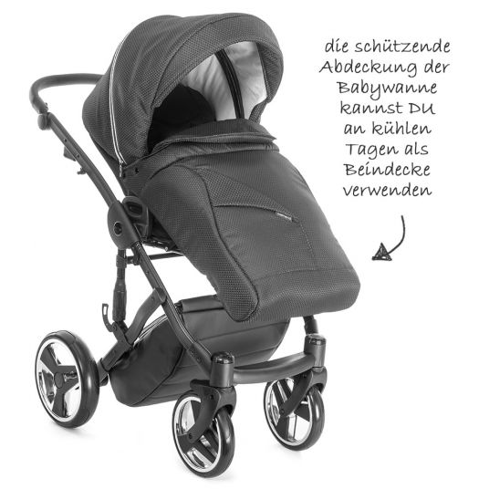 Junama Kombi-Kinderwagen Diamond Mirror inkl. Babywanne, Sportsitz, Wickeltasche & Regenschutz - Satin Hellgrau