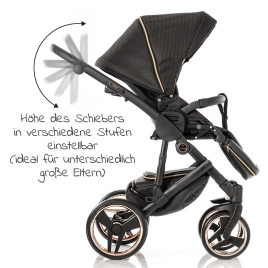 Junama Kombi-Kinderwagen Diamond Mirror inkl. Sportwagen, Babywanne, Wickeltasche, Beindecke + Zubehörpaket - Schwarz Rose