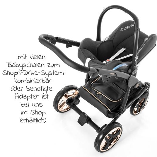 Junama Kombi-Kinderwagen Diamond Mirror inkl. Sportwagen, Babywanne, Wickeltasche, Beindecke + Zubehörpaket - Schwarz Rose