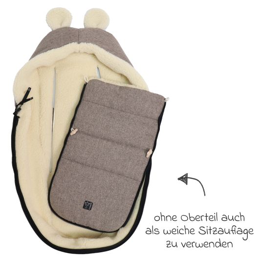 Kaiser Fleece footmuff Hoody Mouse Wool lining made from 100% sheep's wool for infant car seats and carrycots - Pepper Brown