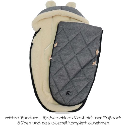Kaiser Fleece-Fußsack XL Ears Wool Fütterung aus 100% Schafwolle für Kinderwagen und Buggy - Anthracite Melange