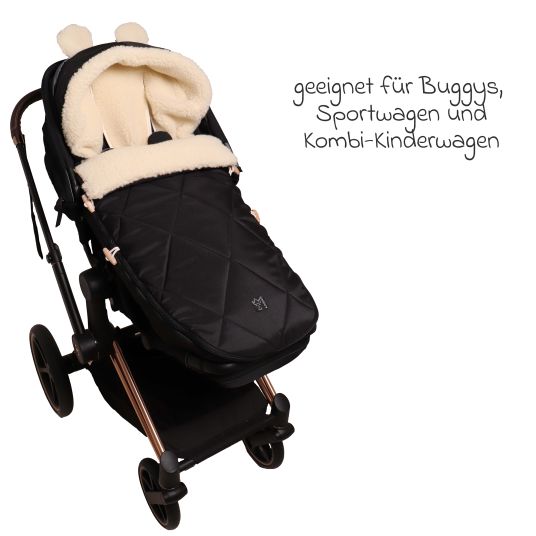 Kaiser Fleece-Fußsack XL Ears Wool Fütterung aus 100% Schafwolle für Kinderwagen und Buggy - Black