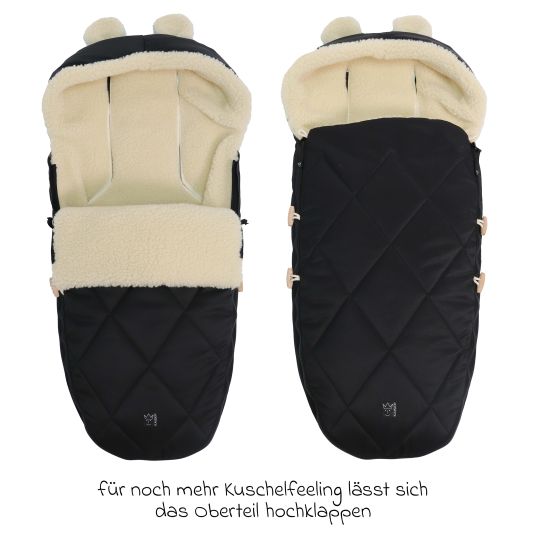 Kaiser Fleece-Fußsack XL Ears Wool Fütterung aus 100% Schafwolle für Kinderwagen und Buggy - Black