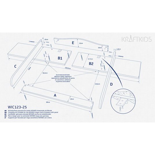 Kraftkids Fasciatoio - per cassettiera IKEA Hemnes 160 cm - Bianco
