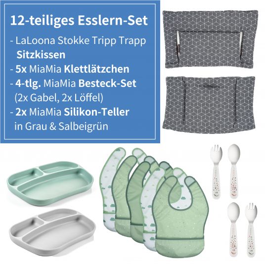 LaLoona 12-tlg. Esslern-Set für Stokke Tripp Trapp - Hochstuhl Sitzkissen + 2x Teller + 2x Besteck + 5x Klettlätzchen - Grau Salbei