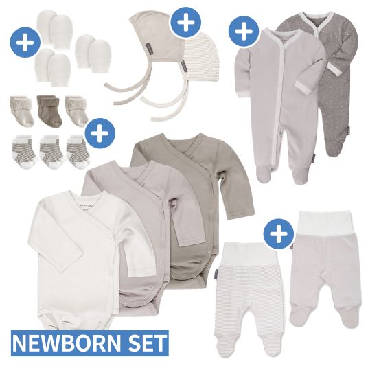 LaLoona Set primo bebè da 18 pezzi con 3 tutine, 2 pagliaccetti, 2 pigiami, 2 cappelli primo bebè, 3 paia di guantini e 6 paia di calzini primo bebè - bianco naturale - taglia 62/68