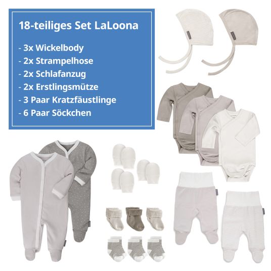 LaLoona 18-piece first baby set including 3 swaddling bodysuits, 2 rompers, 2 pyjamas, 2 first baby hats, 3 pairs of scratch mittens & 6 pairs of first baby socks - natural white - size 62/68