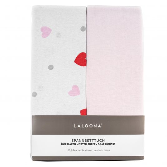 LaLoona Pack of 2 fitted sheet for crib 60 x 120 / 70 x 140 cm - Pink Hearts