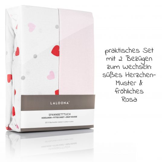 LaLoona 2er Pack Spannbetttuch für Kinderbett 60 x 120 / 70 x 140 cm - Rosa Herzen
