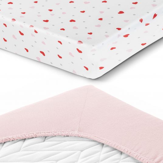 LaLoona Pack of 2 fitted sheet for crib 60 x 120 / 70 x 140 cm - Pink Hearts