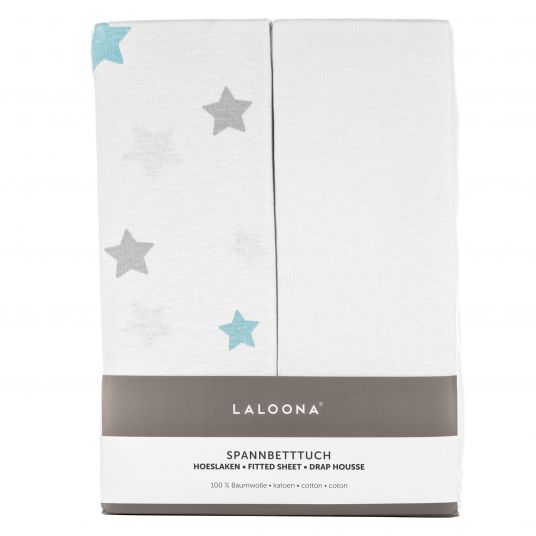 LaLoona 2er Pack Spannbetttuch für Kinderbett 60 x 120 / 70 x 140 cm - Weiß Sterne Grau Mint