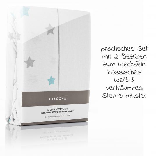 LaLoona Confezione da 2 lenzuola per lettino 60 x 120 / 70 x 140 cm - Bianco Stelle Grigio Menta