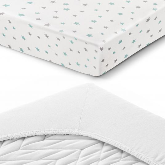 LaLoona Pack of 2 fitted sheet for crib 60 x 120 / 70 x 140 cm - White Stars Gray Mint