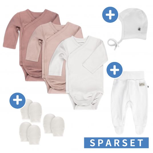 LaLoona 8-piece swaddle bodysuit set incl. romper pants, first hat & 3 pairs of scratch mittens - Berry White - Gr. 50/56