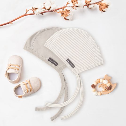 LaLoona First hat / baby hat 2-pack to tie - Stripes - Light Taupe - Size 62/68