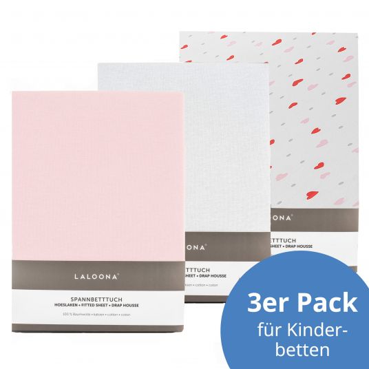 LaLoona Spannbetttuch 3er Pack für Kinderbett 60 x 120 / 70 x 140 cm - Herzen / Rosa / Weiß