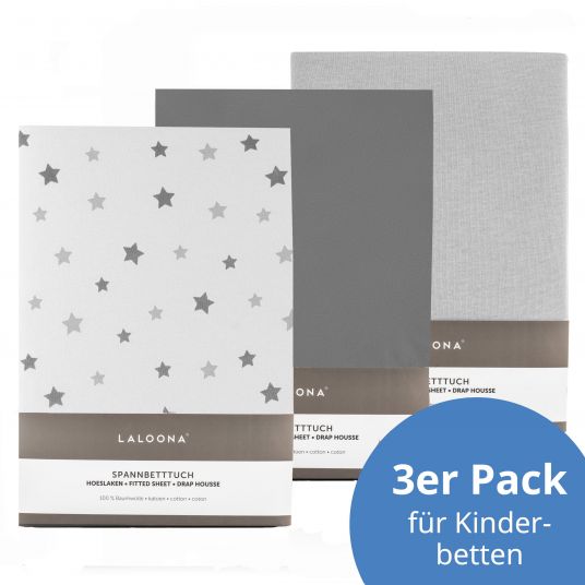 LaLoona Spannbetttuch 3er Pack für Kinderbett 60 x 120 / 70 x 140 cm - Sterne / Grau / Hellgrau