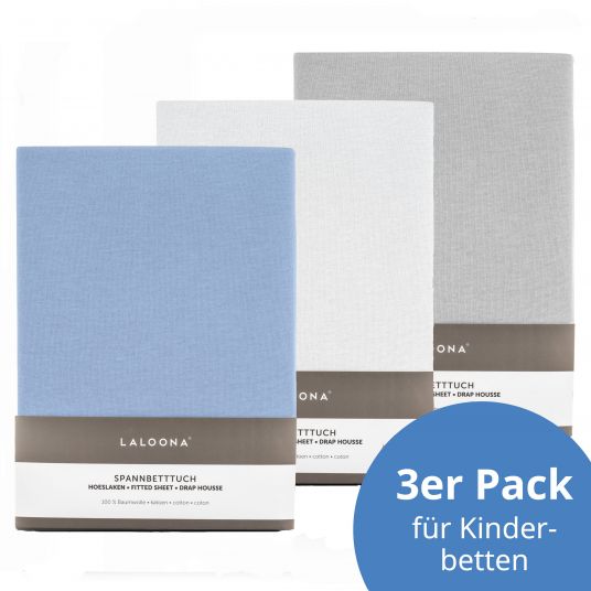 LaLoona Spannbetttuch 3er Pack für Kinderbett 60 x 120 / 70 x 140 cm - Weiß / Hellblau / Hellgrau