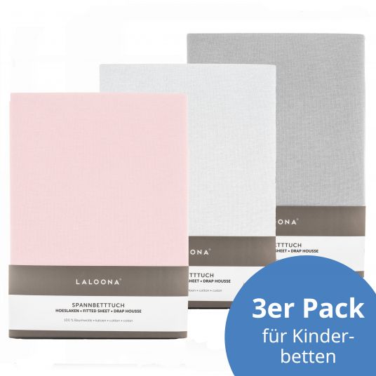 LaLoona Spannbetttuch 3er Pack für Kinderbett 60 x 120 / 70 x 140 cm - Weiß / Rosa / Hellgrau