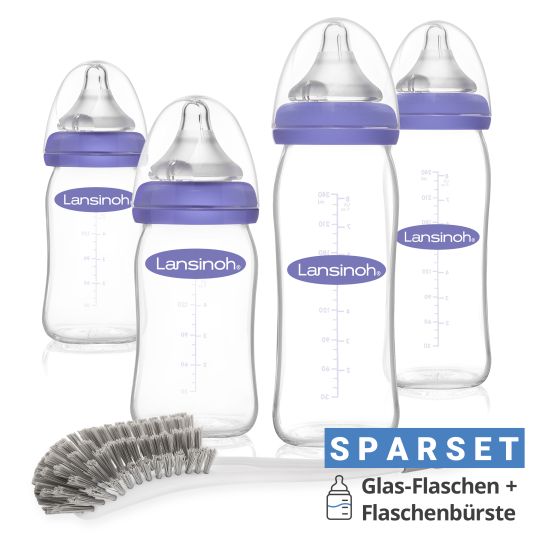 Lansinoh 5-tlg. Starter-Set 4x Glas-Flasche Natural Wave inkl. Silikon-Sauger Gr. S & M + Flaschenbürste 2in1