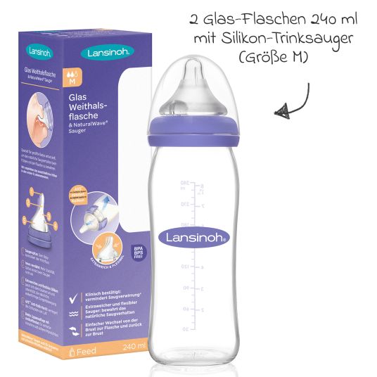 Lansinoh 5-tlg. Starter-Set 4x Glas-Flasche Natural Wave inkl. Silikon-Sauger Gr. S & M + Flaschenbürste 2in1