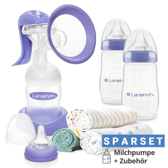 Lansinoh 6-piece breastfeeding set - manual breast pump + 2 PP bottles + 3 burp cloths