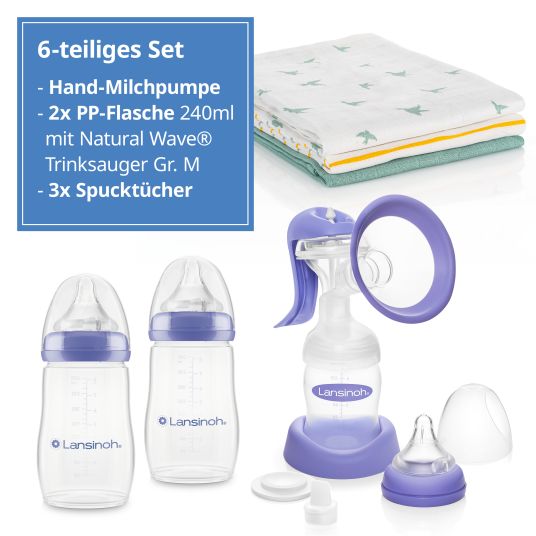 Lansinoh 6-piece breastfeeding set - manual breast pump + 2 PP bottles + 3 burp cloths