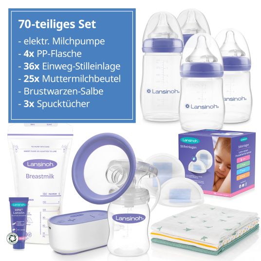 Lansinoh 70-tlg. Still-Set - elektr. Milchpumpe Kompakt + 4 PP-Flaschen + 36 Stilleinlagen + 25 Muttermilchbeutel + 1 Brustwarzensalbe + 3 Spucktücher