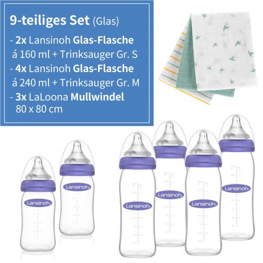 Lansinoh 9 pcs. glass bottle set with NaturalWave® teat size S & M + 3 muslin diapers