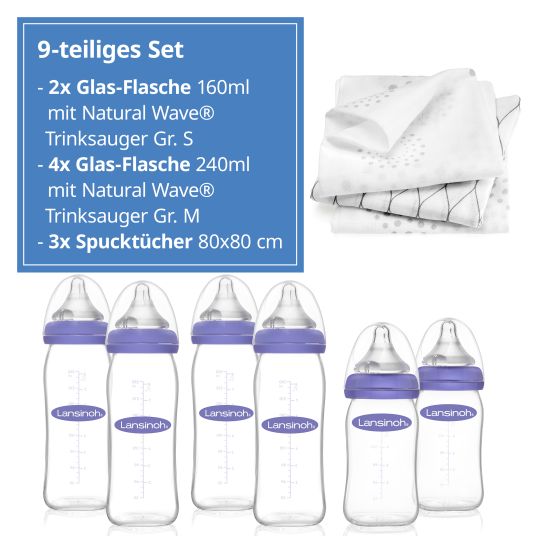 Lansinoh 9-tlg. Glas-Flaschen-Set mit NaturalWave® Trinksauger Gr. S & M + 3 Spucktücher