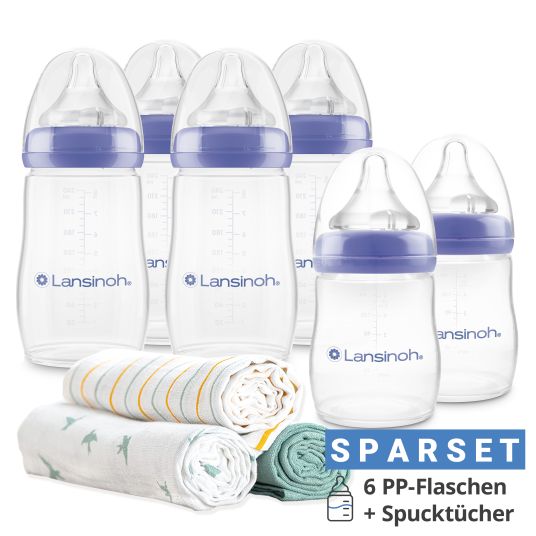 Lansinoh 9-tlg. PP-Flaschen-Set mit NaturalWave® Trinksauger Gr. S & M + 3 Mullwindeln