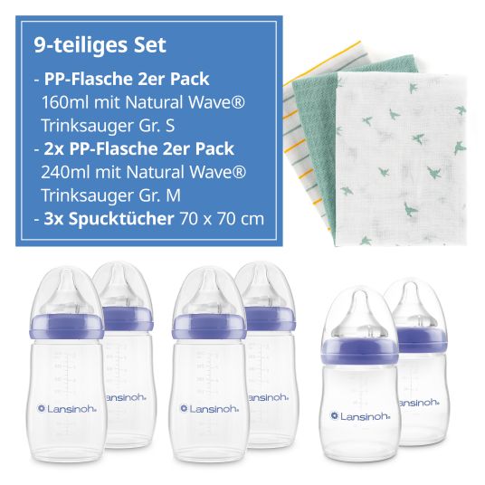 Lansinoh 9-tlg. PP-Flaschen-Set mit NaturalWave® Trinksauger Gr. S & M + 3 Mullwindeln