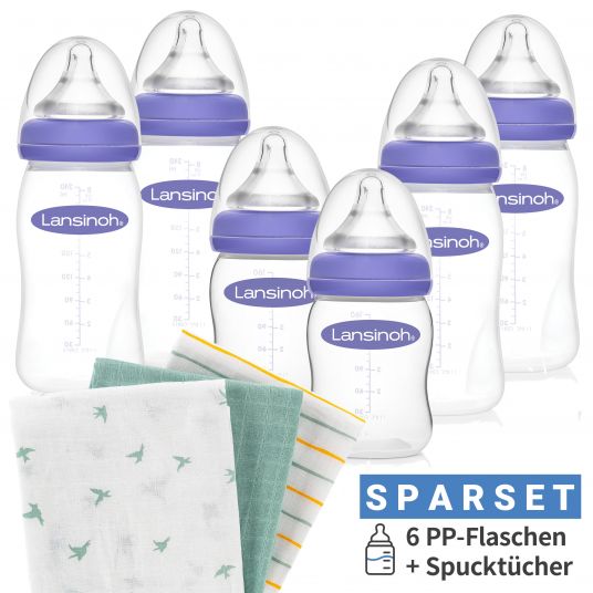 Lansinoh 9-tlg. PP-Flaschen-Set mit NaturalWave® Trinksauger Gr. S & M + 3 Mullwindeln