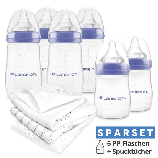 Lansinoh 9-tlg. PP-Flaschen-Set mit NaturalWave® Trinksauger Gr. S & M + 3 Spucktücher