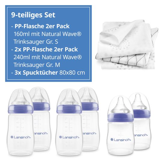 Lansinoh 9-tlg. PP-Flaschen-Set mit NaturalWave® Trinksauger Gr. S & M + 3 Spucktücher