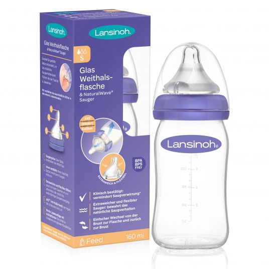 Lansinoh Glass bottle 160ml with NaturalWave® teat size S