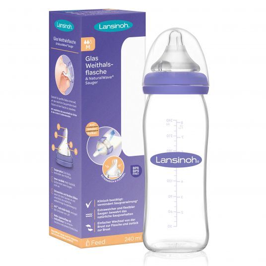 Lansinoh Glass bottle 240ml with NaturalWave® teat size M